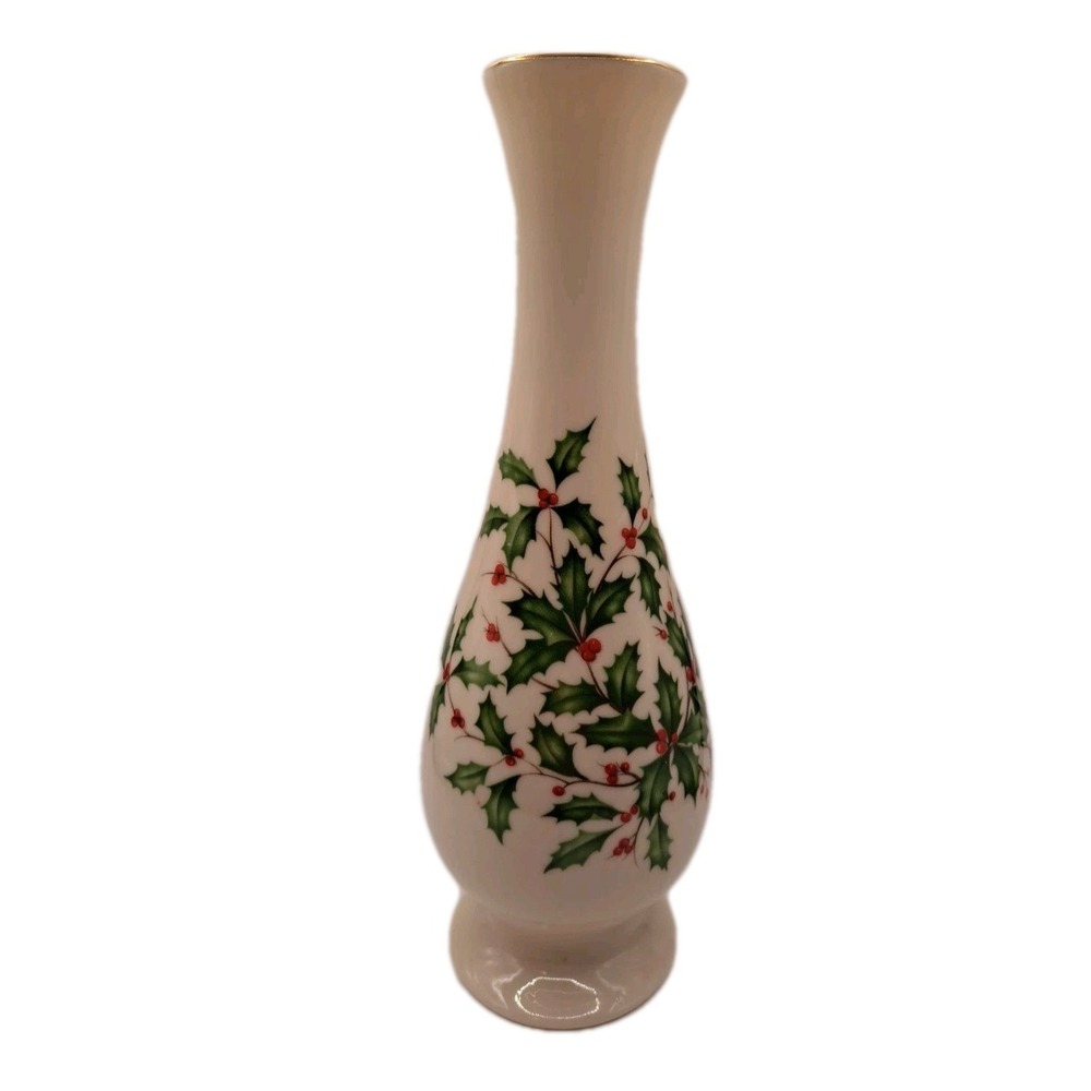 Lenox Holly Berries Ivy 8.75" Ceramic Bud Vase Ivory Christmas Special Gold Trim
